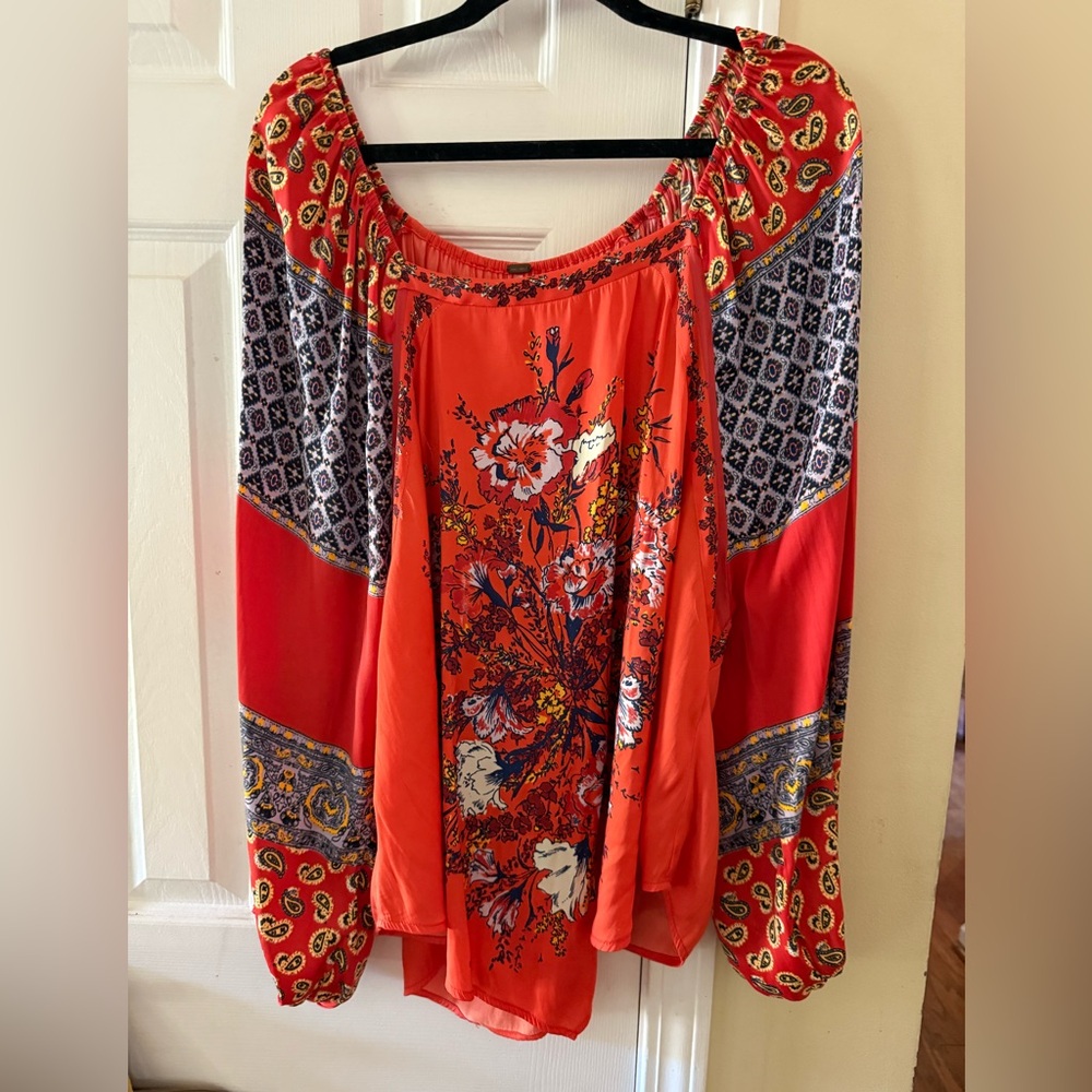 Free People Red Floral Blouse with Patterned Sleeves
